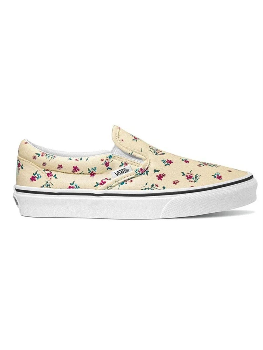 Vans Classic Slip-On Floral Canvas Shoe - Cream with Pink & Green
